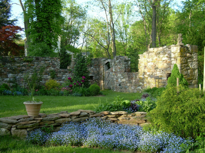Old stone ruins, bank barn ruins, garden inside old stone ruins