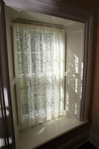 Window treatment, deep window sill, old stone home, Germantown, Wisconsin